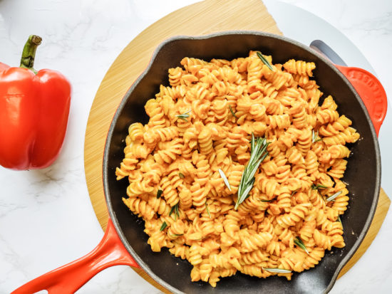 pasta with red sauce in skillet